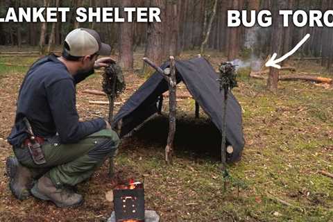 Solo Overnight Sleeping in Oilskin Blanket Shelter - Building Bug Torches from Nature