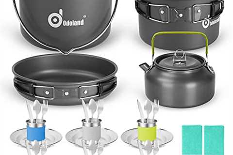 Odoland 39pcs Camping Cookware Mess Kit, Non-Stick Large Size Hanging Pot Pan Kettle with Base..