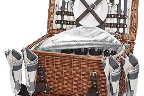 HappyPicnic Willow Picnic Basket Set for 4 Persons, Wicker Picnic Hamper with Insulated Cooler and..