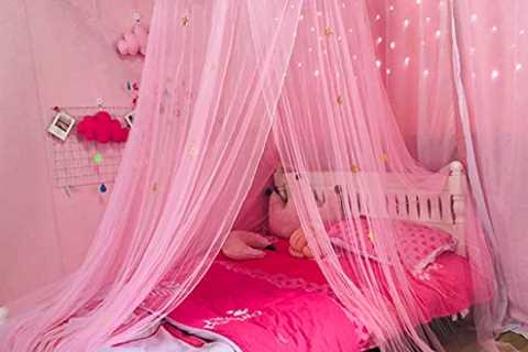 Nattey Bed Canopy for Girls with LED Lights,Princess Canopy Bed Curtains Mosquito Net with Gold..